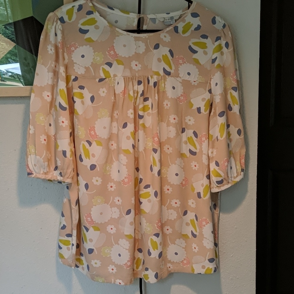 Boden Multicolor Floral Puff-Sleeve Blouse (Cream, Yellow, Blue)